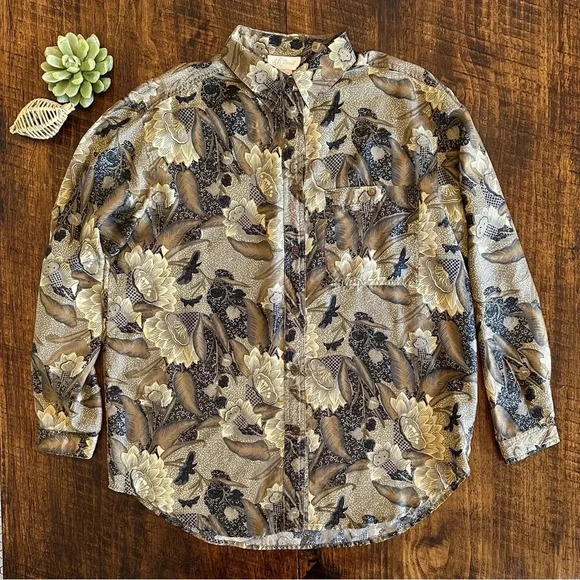 K Arnold | Vintage 80s 100% Silk Dark Floral Button Down Blouse - Picture 1 of 6